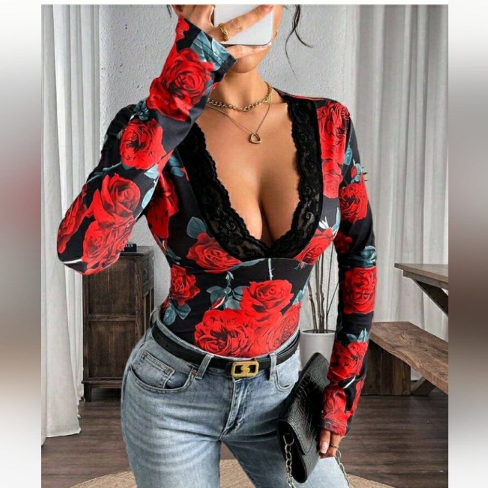 SHEIN Women's Red and Black Floral Lace V-Neck Blouse
